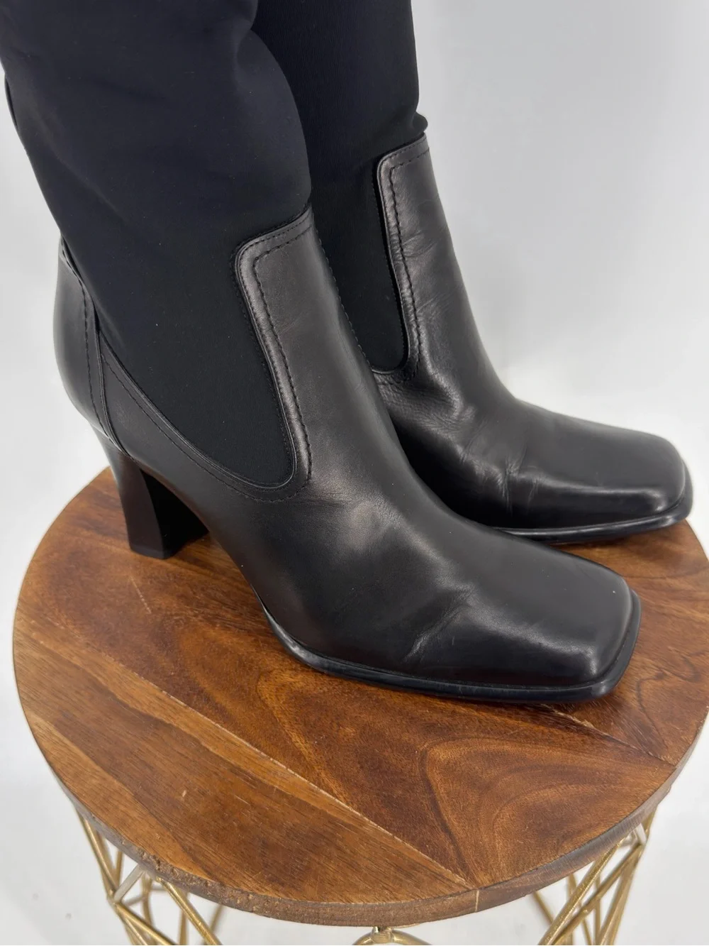Studio Via Spiga Italy Black Leather Square Toe Knee High Boots 7.5 Y2K Baddie